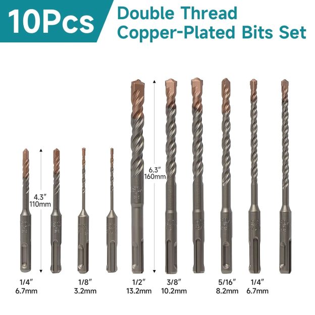 10Pcs SDS Plus Concrete Drill Bit Set – Carbide-Tipped Masonry Bits (1/8", 1/4" x2, 5/16", 3/8", 1/2") – Double Thread Copper-Plated Drill Bits for Concrete, Brick, Stone, Granite & Marble