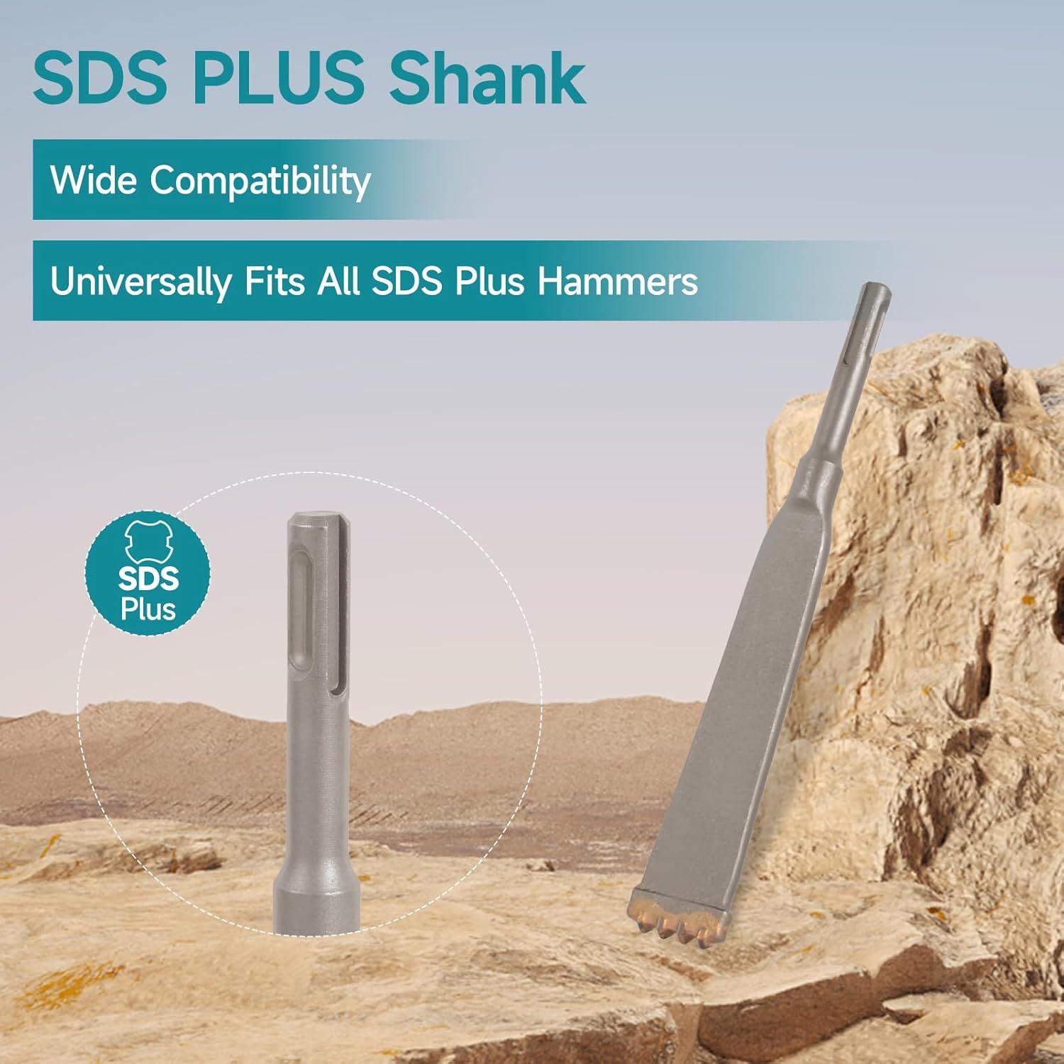 SDS Plus Shank Four-Tooth Chisel, 7-17/20 Inch Long Round Shank Alloy Steel Hammer Drill Chisel