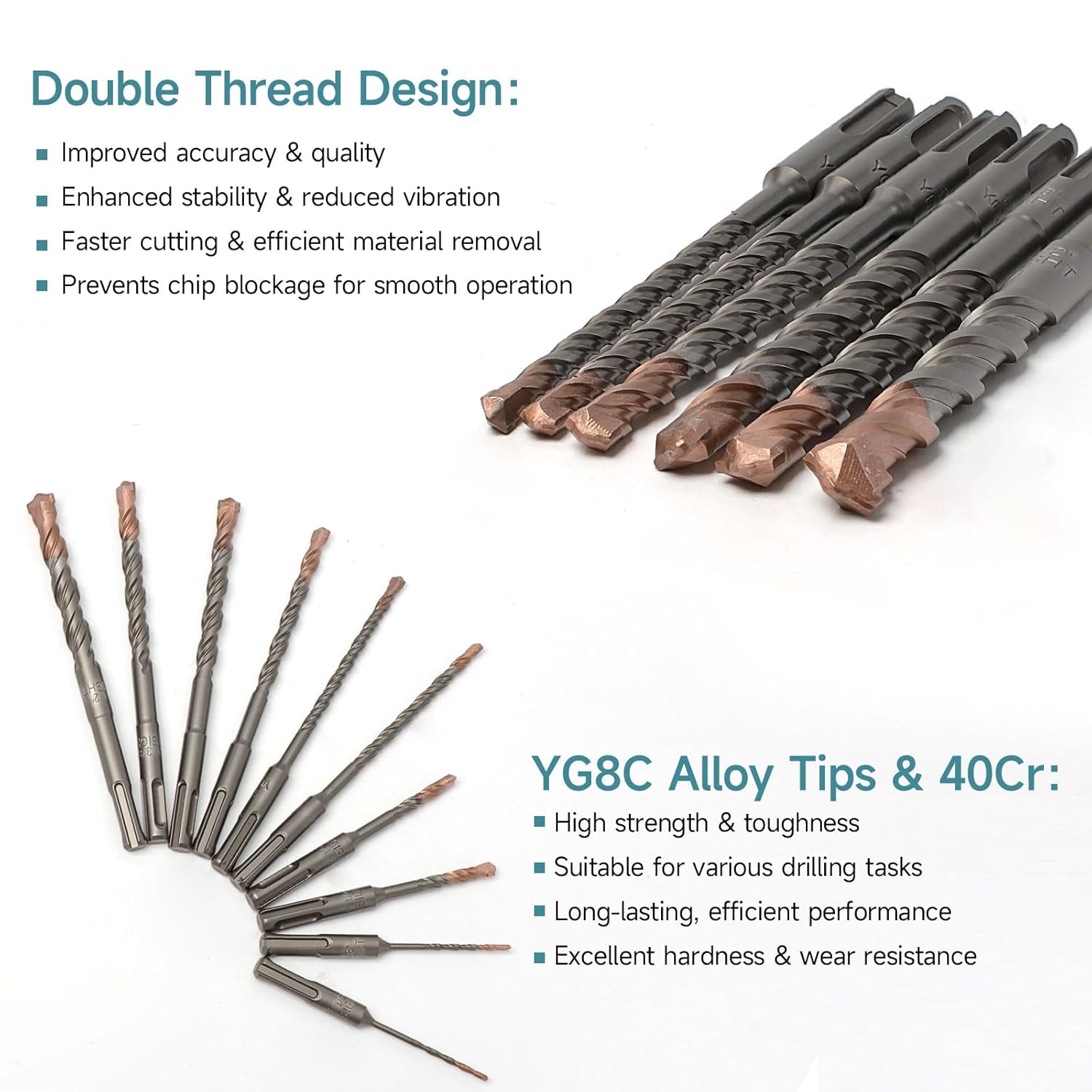 10Pcs SDS Plus Concrete Drill Bit Set – Carbide-Tipped Masonry Bits (1/8", 1/4" x2, 5/16", 3/8", 1/2") – Double Thread Copper-Plated Drill Bits for Concrete, Brick, Stone, Granite & Marble