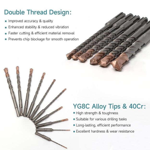 10Pcs SDS Plus Concrete Drill Bit Set – Carbide-Tipped Masonry Bits (1/8", 1/4" x2, 5/16", 3/8", 1/2") – Double Thread Copper-Plated Drill Bits for Concrete, Brick, Stone, Granite & Marble