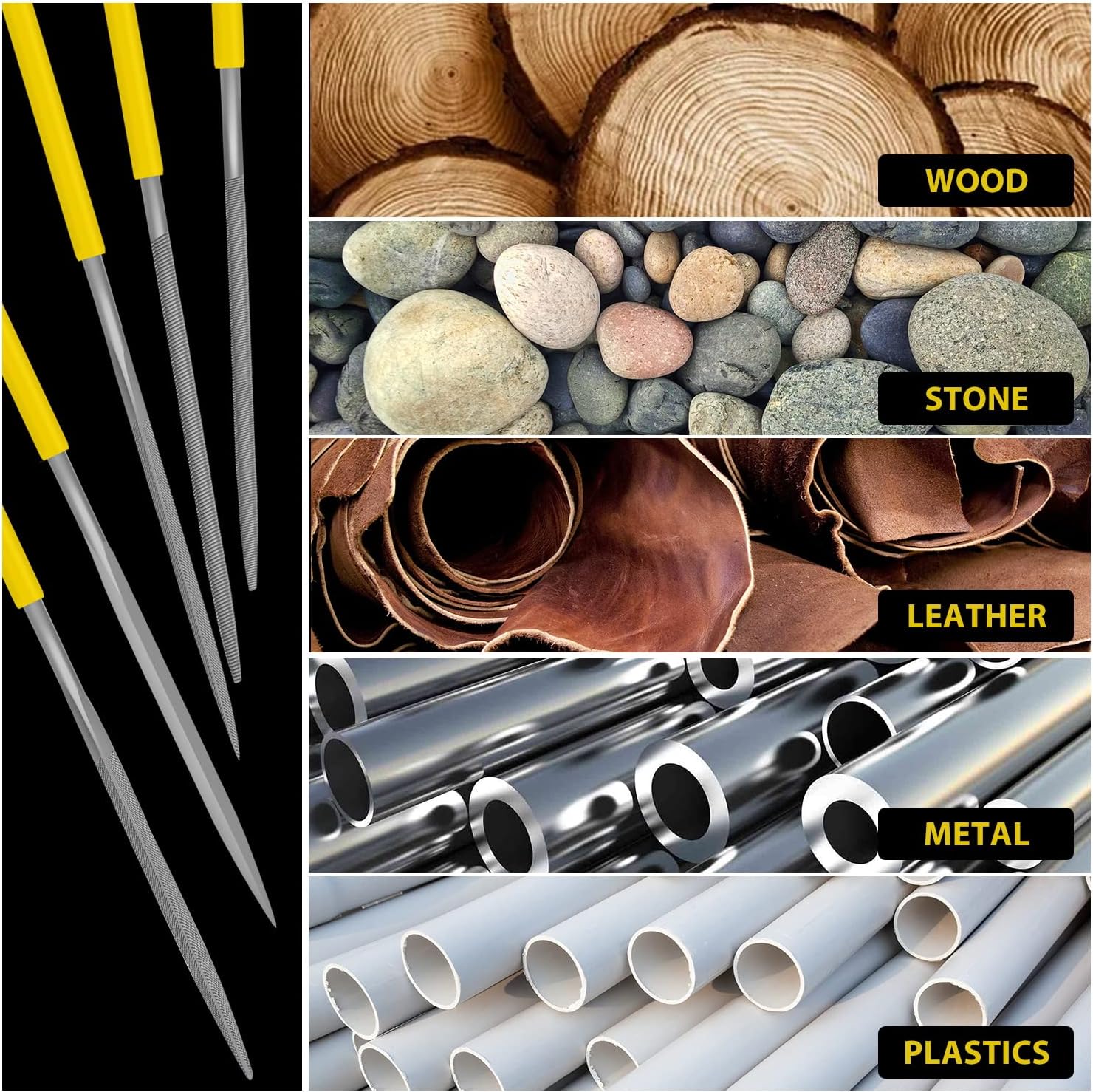 10 Pieces Hand Metal Files, Hardened Alloy Strength Steel Set includes Flat, Round, Half-Round, Triangular, Square, Oval, Crossing, and Barrette File