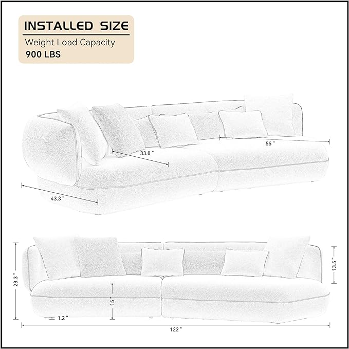 122" Luxury Modern Curved Sofa Couch, Upholstery Boucle Sofa Couch with Pillows,4-Seat Boucle Fabric Couch for Living Room