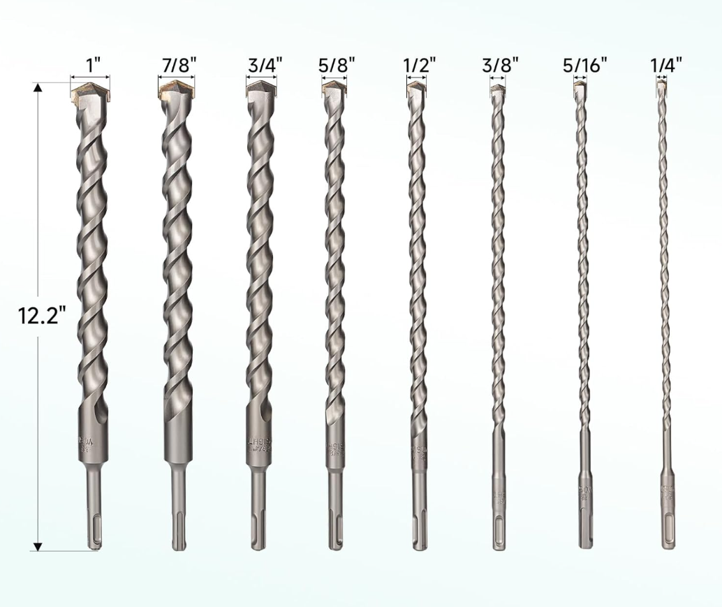 8Pcs SDS Plus Concrete Drill Bit Set – 12" Long Carbide Masonry Bits (1/4", 5/16", 3/8", 1/2", 5/8", 3/4", 7/8", 1") – Includes 1/2 & 5/8 Concrete Drill Bit, Long Bits for Brick & Stone