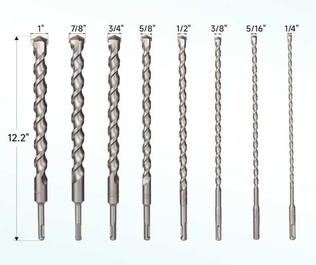 8Pcs SDS Plus Concrete Drill Bit Set – 12" Long Carbide Masonry Bits (1/4", 5/16", 3/8", 1/2", 5/8", 3/4", 7/8", 1") – Includes 1/2 & 5/8 Concrete Drill Bit, Long Bits for Brick & Stone