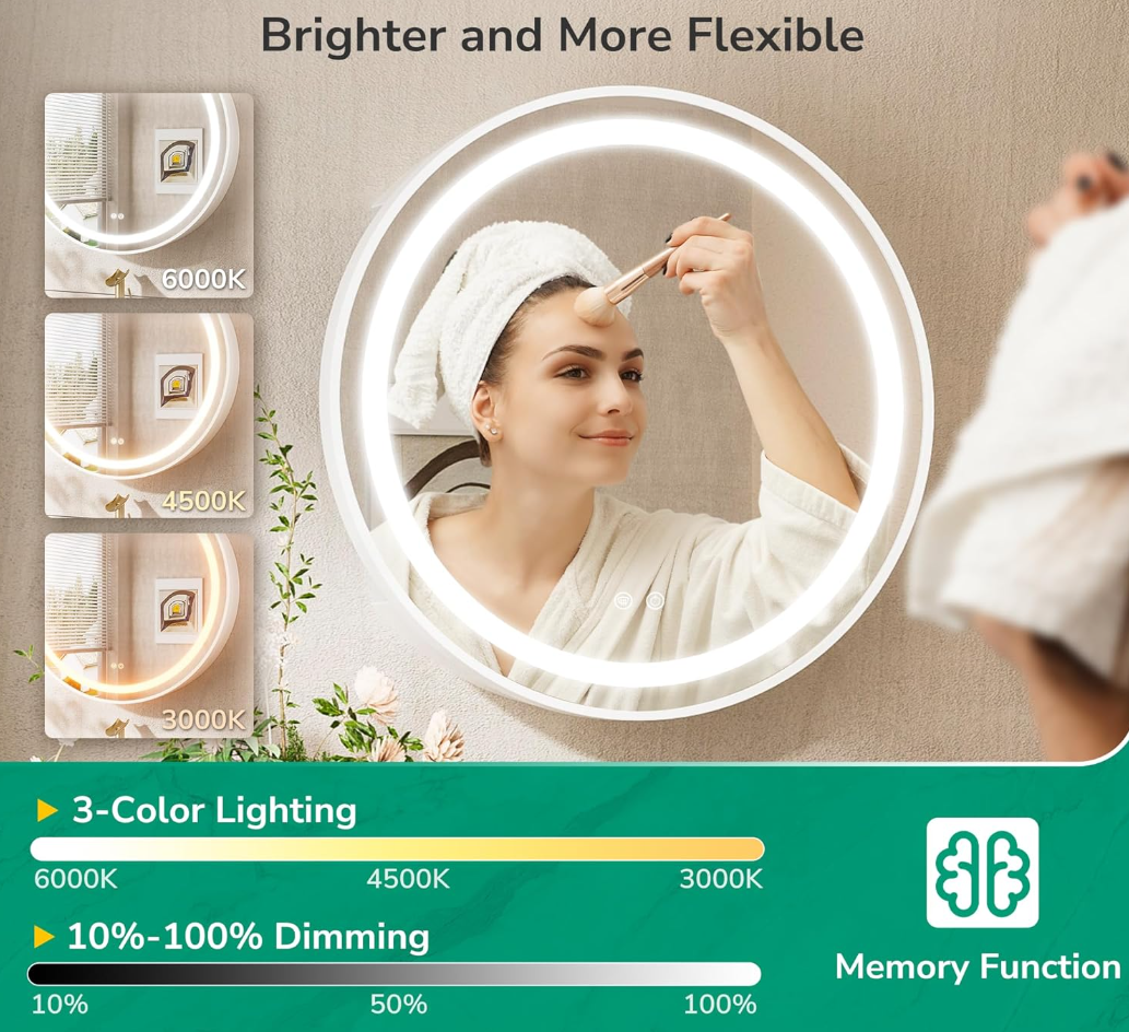 24 Inch Round Medicine Cabinet Mirror Led for Bathroom with Defogger, Wall Mount Mirrored Medicine Cabinet