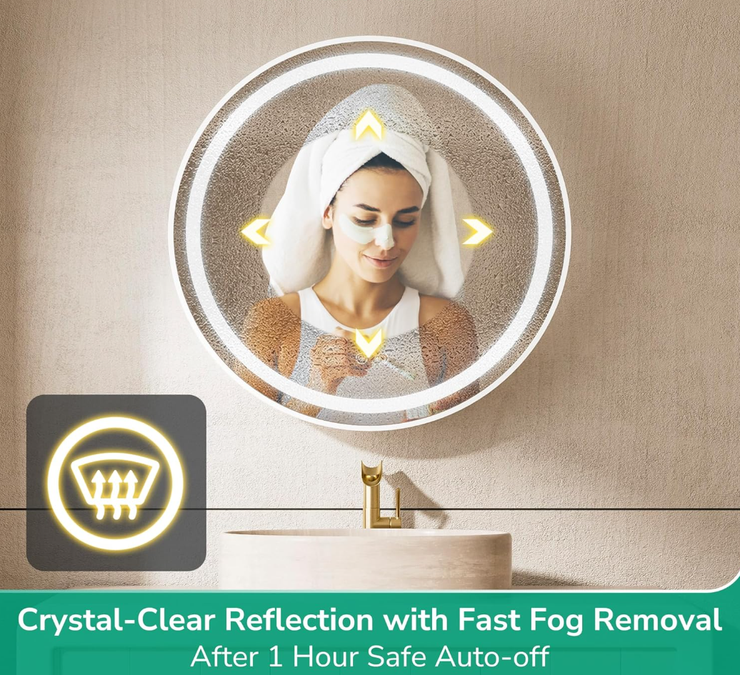 24 Inch Round Medicine Cabinet Mirror Led for Bathroom with Defogger, Wall Mount Mirrored Medicine Cabinet