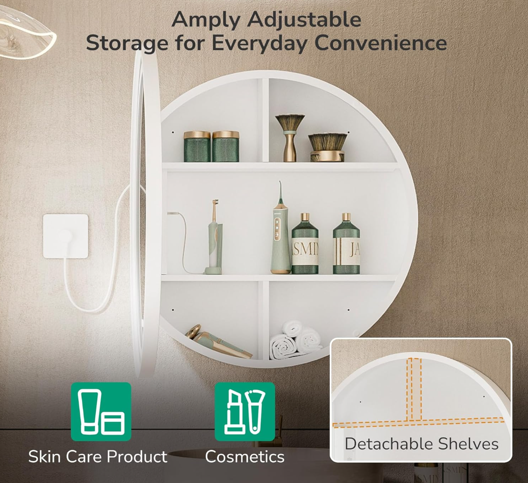 24 Inch Round Medicine Cabinet Mirror Led for Bathroom with Defogger, Wall Mount Mirrored Medicine Cabinet