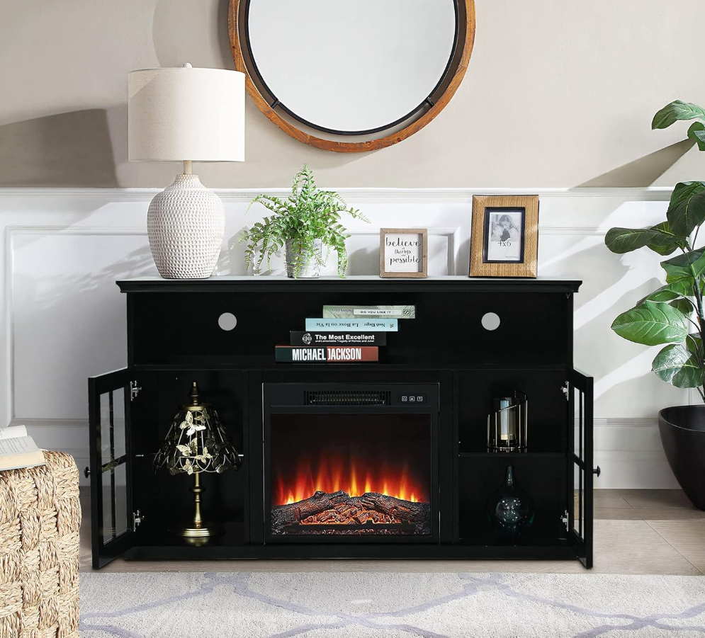 Glass Doors Fireplace TV Stand with Electric Fireplace Inserts 47" Farmhouse Media Console Table Entertainment Center for TVs Up to 55" for Home Living Room Bedroom, Black