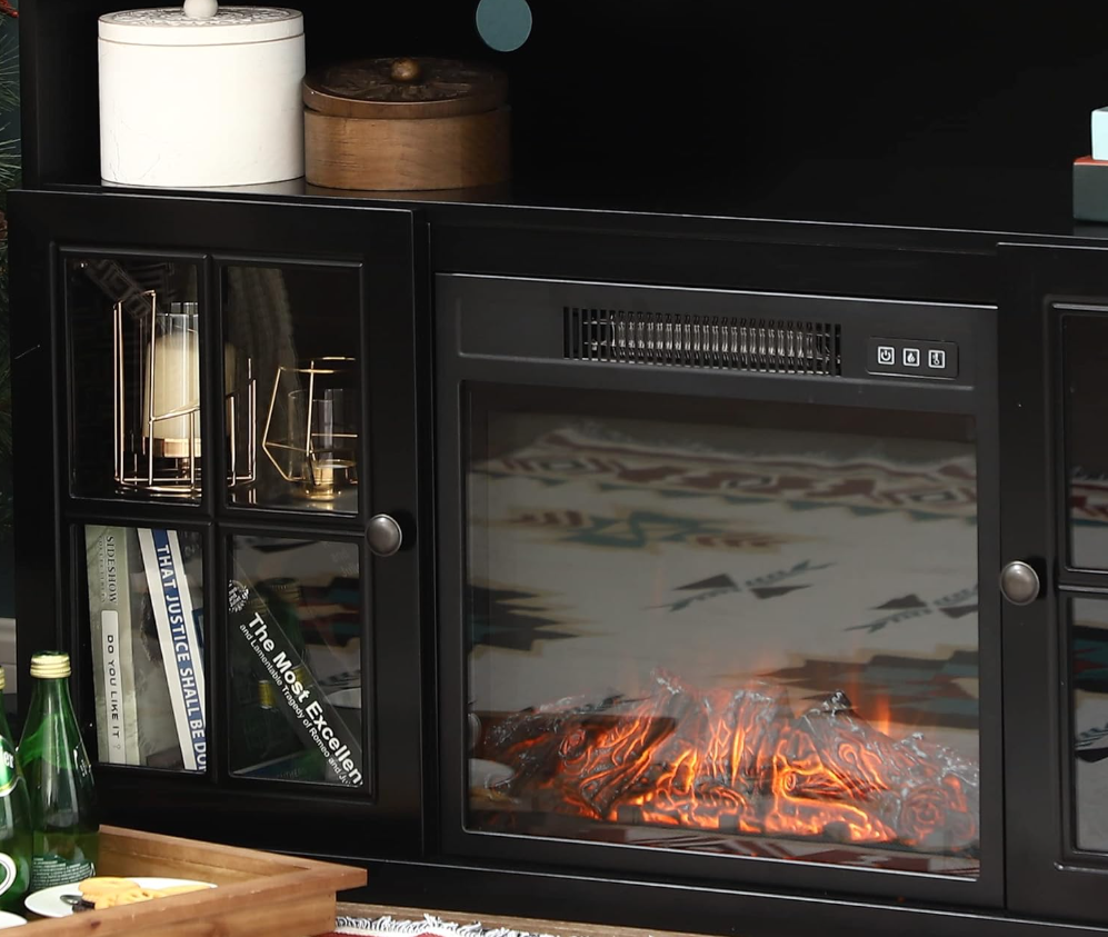 Glass Doors Fireplace TV Stand with Electric Fireplace Inserts 47" Farmhouse Media Console Table Entertainment Center for TVs Up to 55" for Home Living Room Bedroom, Black