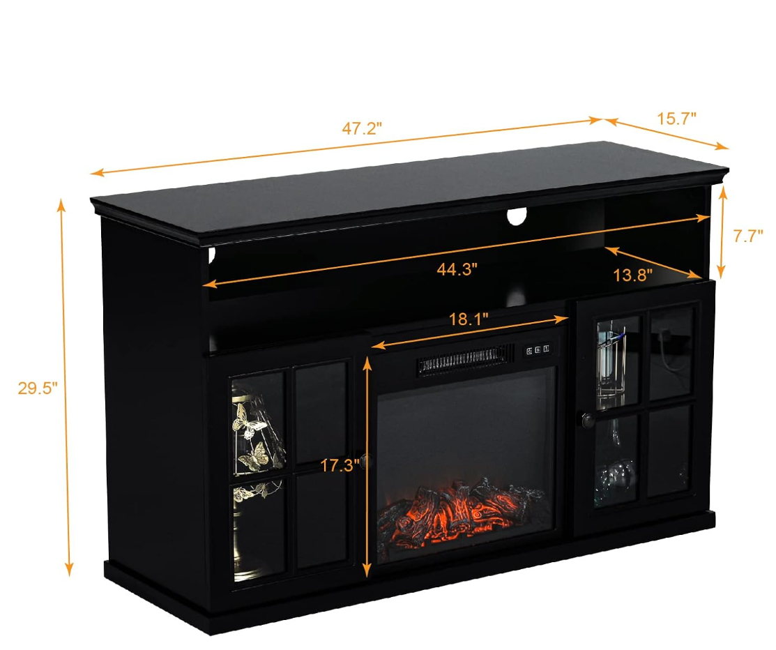 Glass Doors Fireplace TV Stand with Electric Fireplace Inserts 47" Farmhouse Media Console Table Entertainment Center for TVs Up to 55" for Home Living Room Bedroom, Black