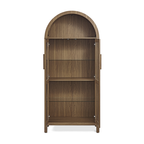 JPJPUU A high arched storage cabinet with a lamp, a modern retro-style wooden storage cabinet with adjustable glass partitions, suitable for use as a multi-functional cabinet in kitchens-Brown
