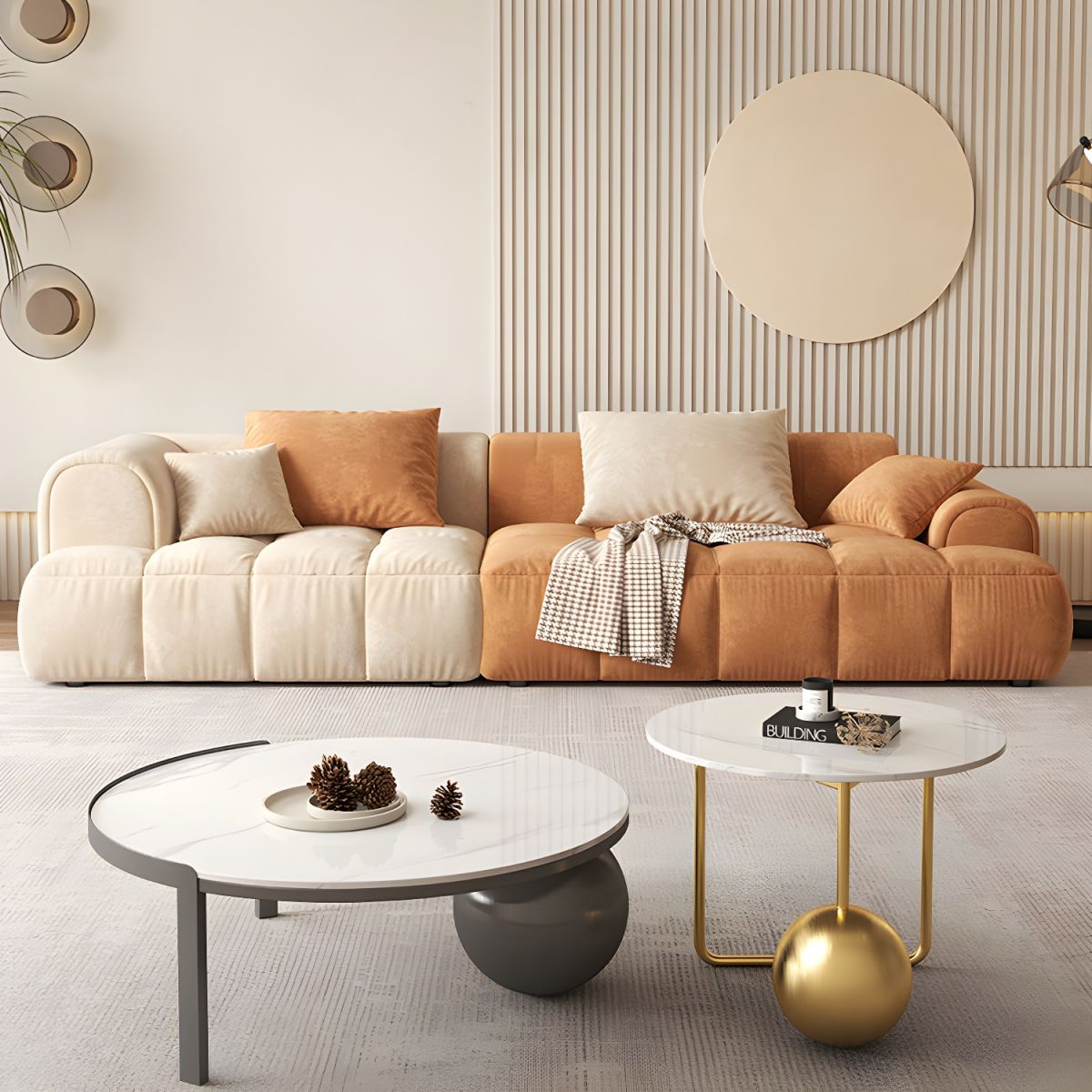 Contemporary Sewn Pillow Back Recessed Arm Sofa Couch in Orange/white