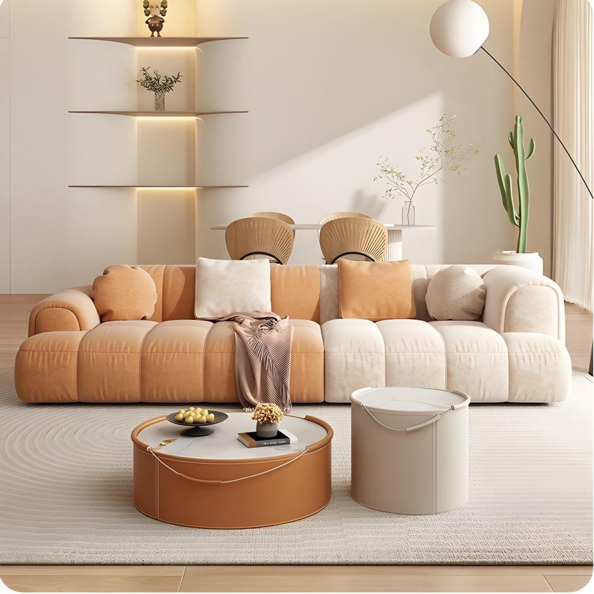 Contemporary Sewn Pillow Back Recessed Arm Sofa Couch in Orange/white