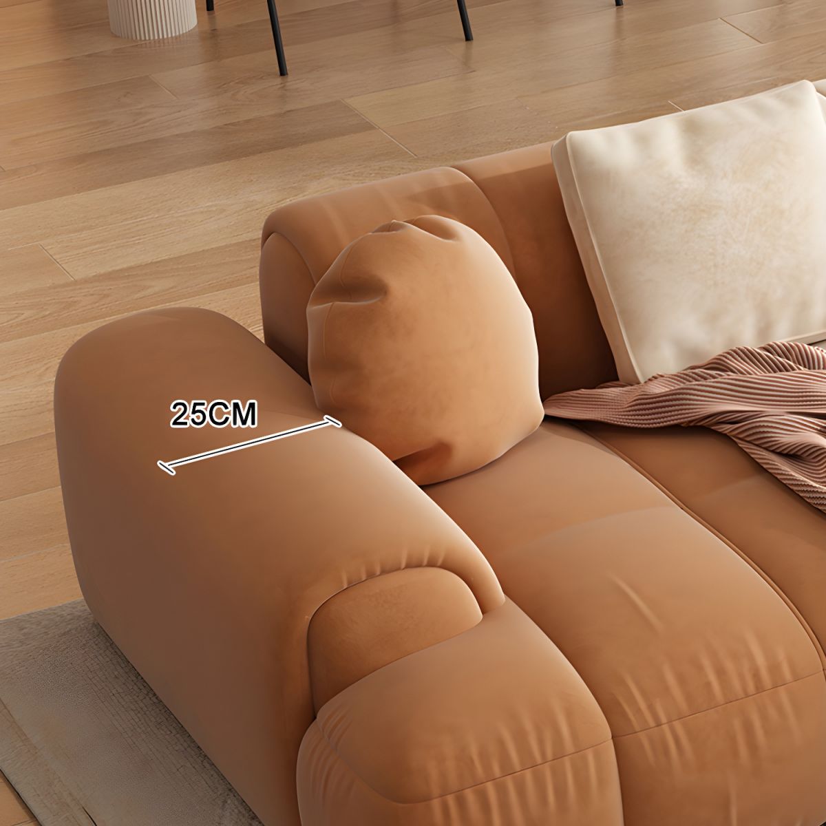 Contemporary Sewn Pillow Back Recessed Arm Sofa Couch in Orange/white