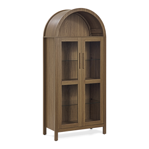 JPJPUU A high arched storage cabinet with a lamp, a modern retro-style wooden storage cabinet with adjustable glass partitions, suitable for use as a multi-functional cabinet in kitchens-Brown