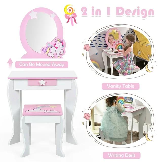 Kids Vanity Makeup Dressing Table Chair Set