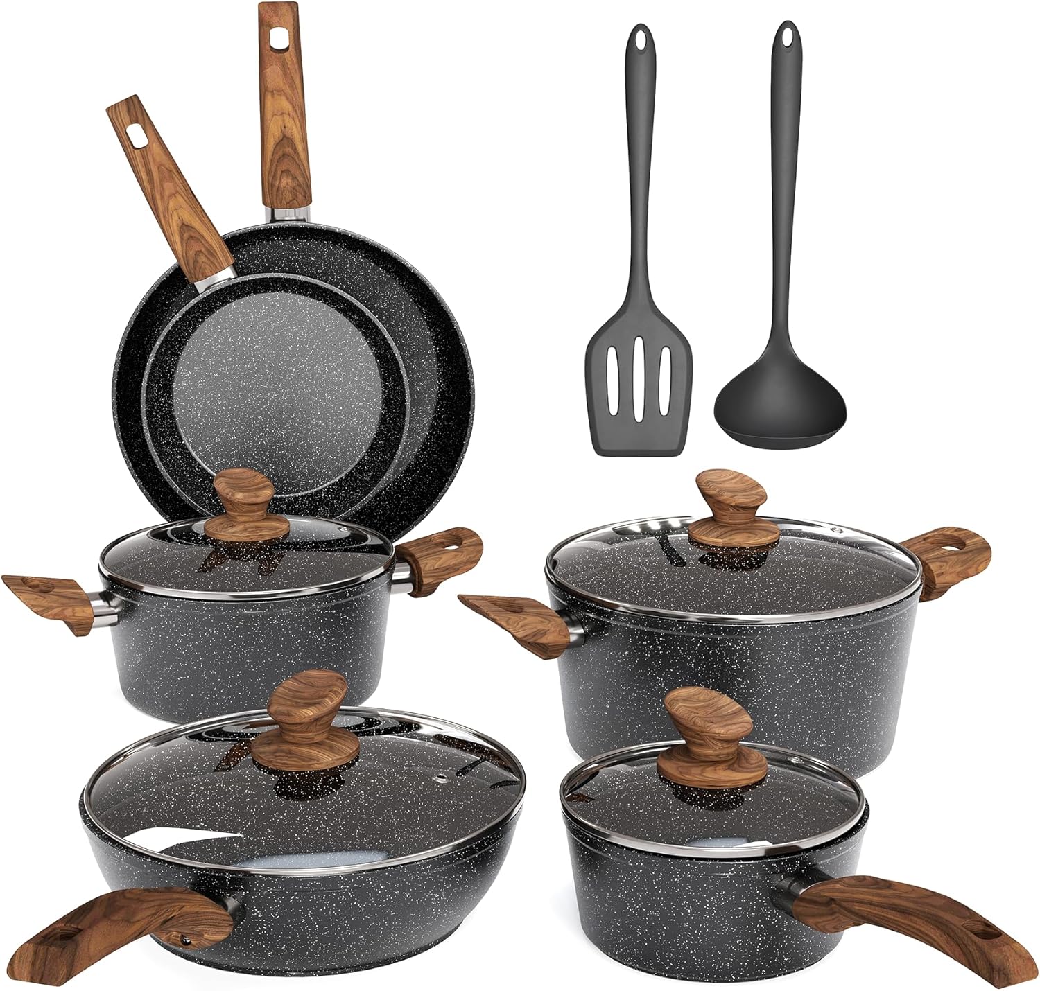 Pots and Pans Set Non Stick, 12 Piece Kitchen Cookware Sets, Black Granite Induction Compatible Cookware Set, Pot and Pan Sets for Cooking Nonstick