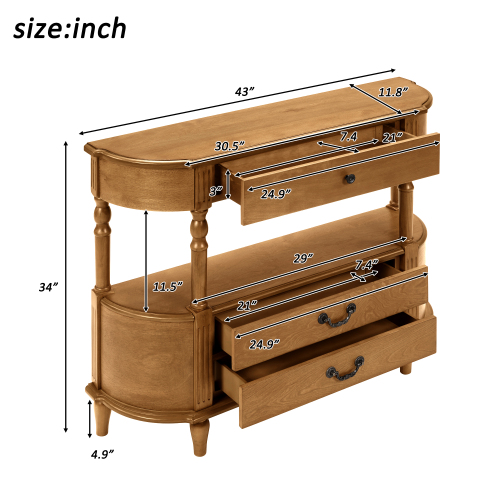 JPJPUU Retro Curved Wood Console Table with 3 Drawers, 43'' Entry Table with Storage Shelf, Sofa Table Behind Couch with Solid Wood Legs for Living Room Hallway