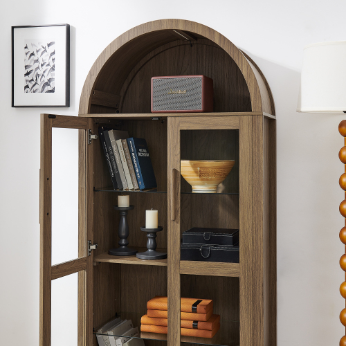 JPJPUU A high arched storage cabinet with a lamp, a modern retro-style wooden storage cabinet with adjustable glass partitions, suitable for use as a multi-functional cabinet in kitchens-Brown