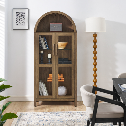 JPJPUU A high arched storage cabinet with a lamp, a modern retro-style wooden storage cabinet with adjustable glass partitions, suitable for use as a multi-functional cabinet in kitchens-Brown