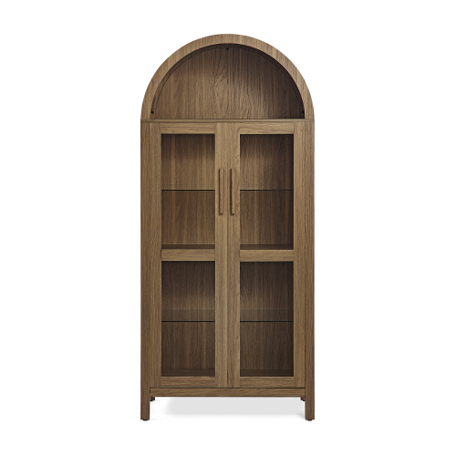 JPJPUU A high arched storage cabinet with a lamp, a modern retro-style wooden storage cabinet with adjustable glass partitions, suitable for use as a multi-functional cabinet in kitchens-Brown
