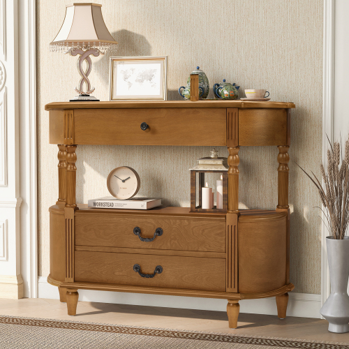 JPJPUU Retro Curved Wood Console Table with 3 Drawers, 43'' Entry Table with Storage Shelf, Sofa Table Behind Couch with Solid Wood Legs for Living Room Hallway