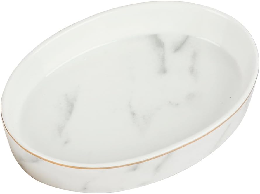 Ceramic White Marble Soap Holder Soap Bar Holder, Oval Soap Dish for Shower Bathroom Kitchen Sink, Easy Clean