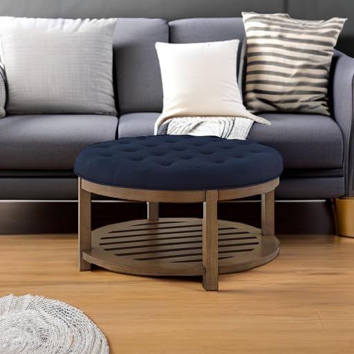 Large Round Upholstered Tufted Linen Ottoman Coffee Table