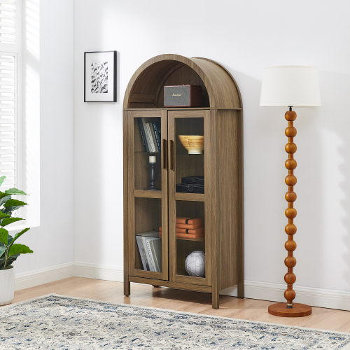 JPJPUU A high arched storage cabinet with a lamp, a modern retro-style wooden storage cabinet with adjustable glass partitions, suitable for use as a multi-functional cabinet in kitchens-Brown