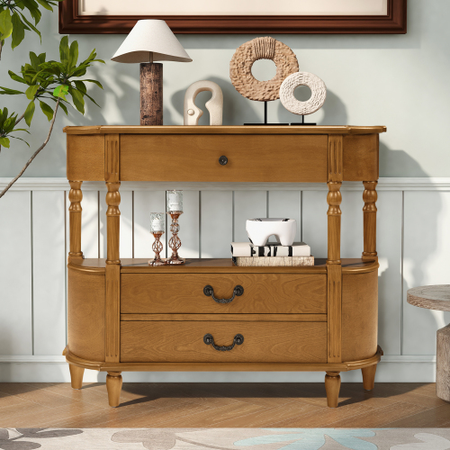 JPJPUU Retro Curved Wood Console Table with 3 Drawers, 43'' Entry Table with Storage Shelf, Sofa Table Behind Couch with Solid Wood Legs for Living Room Hallway