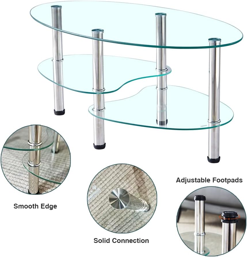 Oval-Shaped Glass Tea Table for Office, 3-Tier Modern Coffee Table