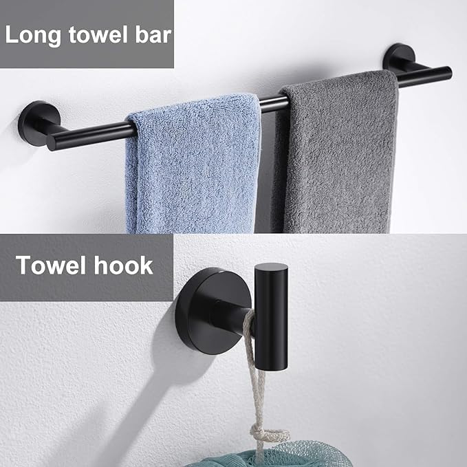 10Pieces Matte Black Bathroom Hardware Accessories Set Hand Towel Ring 16 inch Towel Bar Toilet Paper Holder Towel Hooks 4 Pieces Round SUS 304 Stainless Steel Heavy Duty Wall Mounted Bathroom Holder