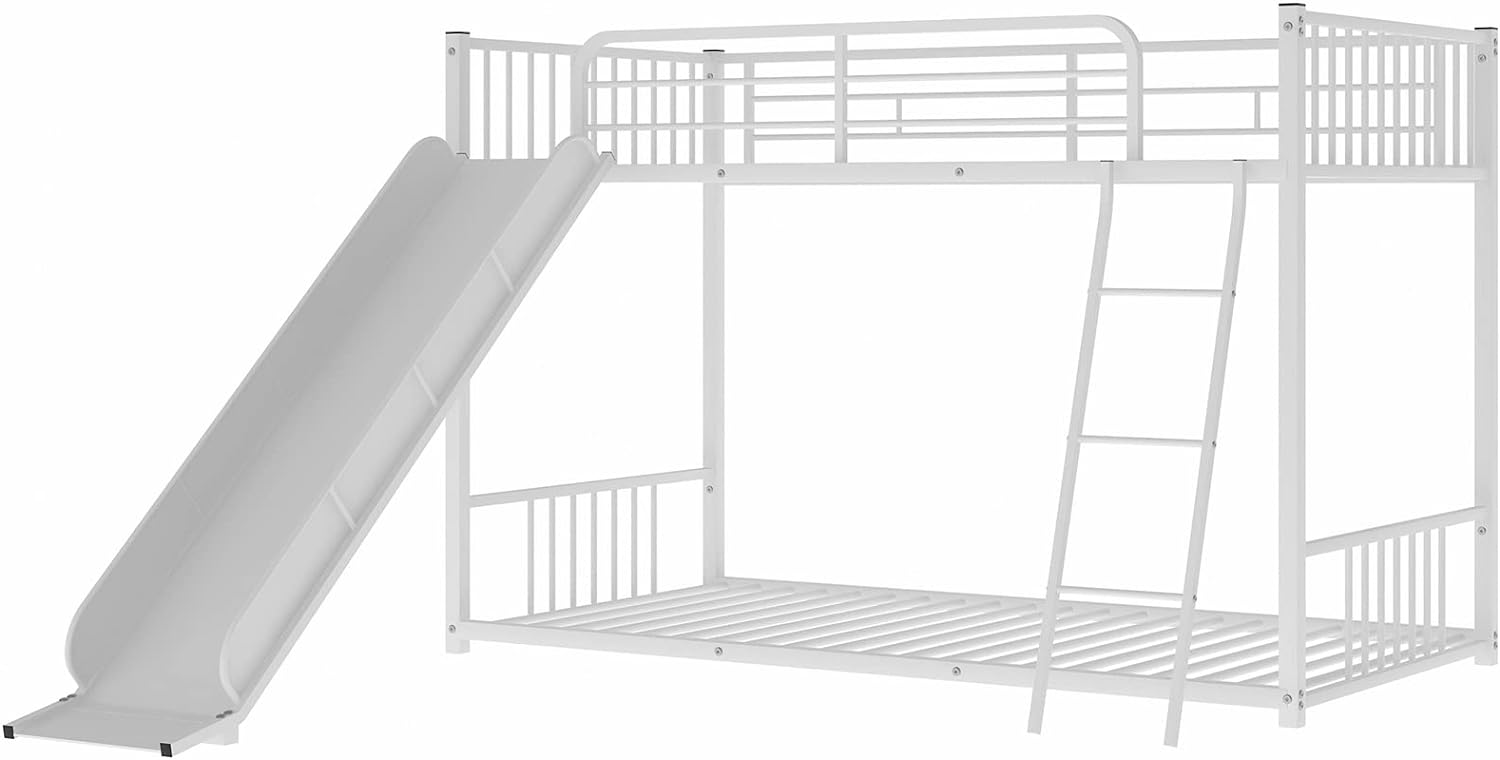 Metal Bunk Beds with Slide Twin Over Twin Low Bunk Bed with Ladder and Slide Buffer for Kids Toddlers Boys Girls Teens, White