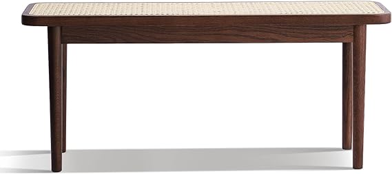 Wood Dining Bench,100% Natural Solid Oak Bed Bench with Rattan Design, Rounded Edge, Bench for Entryway Hall, Dining Room,Bedroom, Living Room (Walnut Color, 47.24 inch)