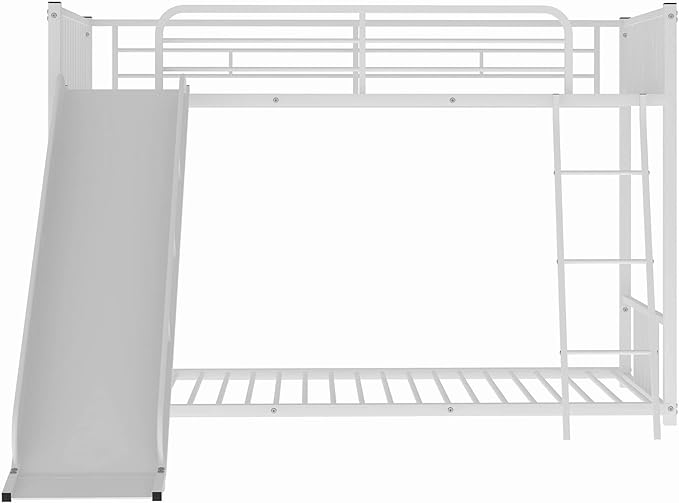 Metal Bunk Beds with Slide Twin Over Twin Low Bunk Bed with Ladder and Slide Buffer for Kids Toddlers Boys Girls Teens, White