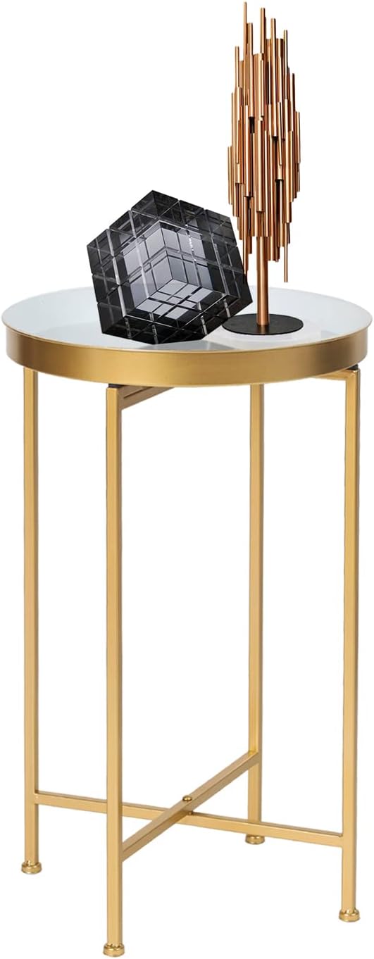 Modern Round Side End Accent Table 25.7 inch Tall for Living Room (Gold, White Tray)
