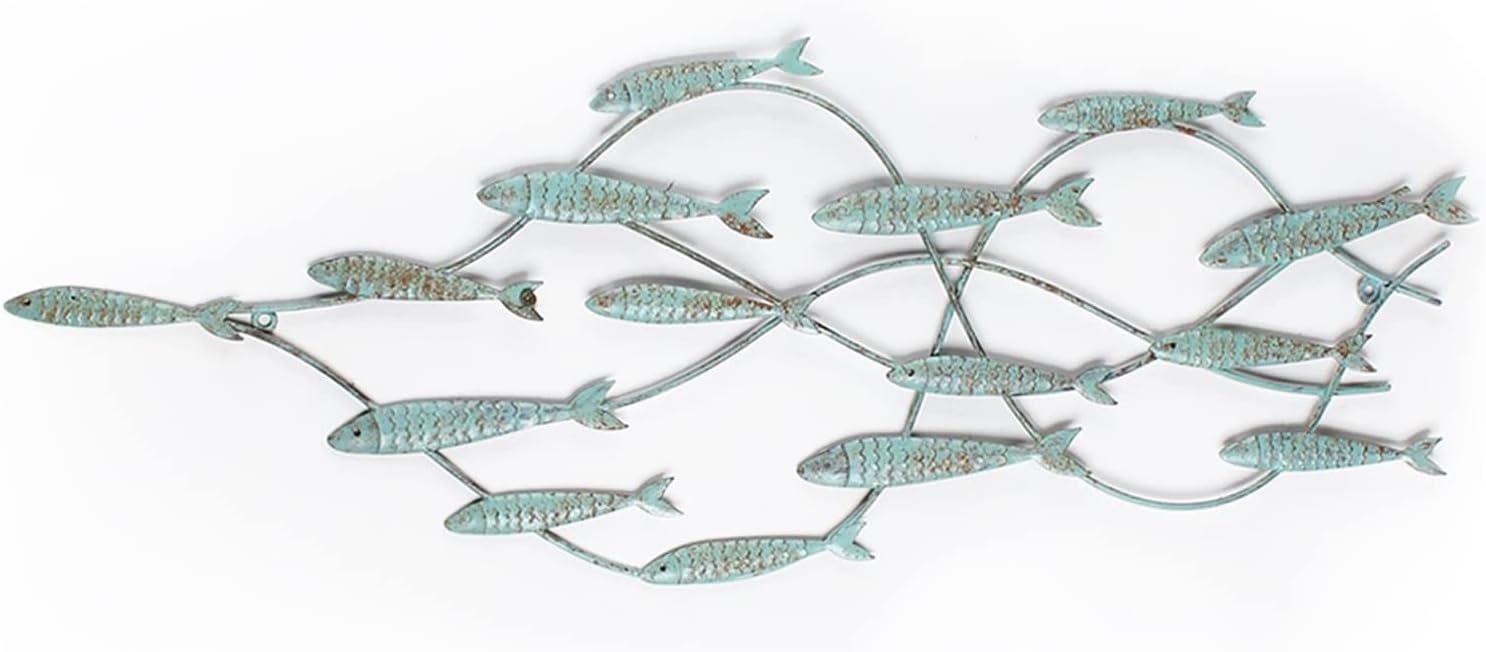 Decorative Distressed Blue Iron School of Fish Wall Hanging Accents Decor Widget