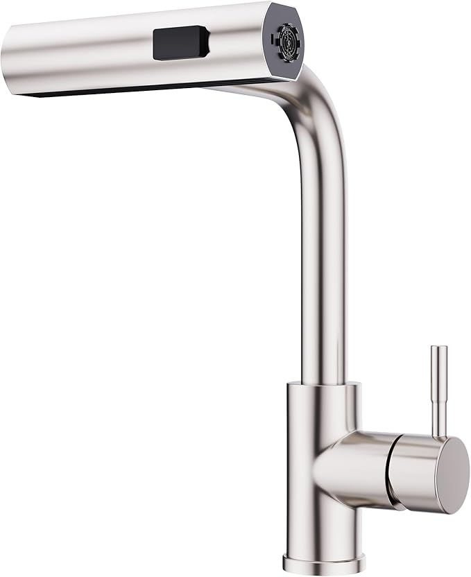 Waterfall Kitchen Faucet with Pull Down Sprayer Brushed Nickel Single Hole Handle Stainless Steel Kitchen Sink Faucet