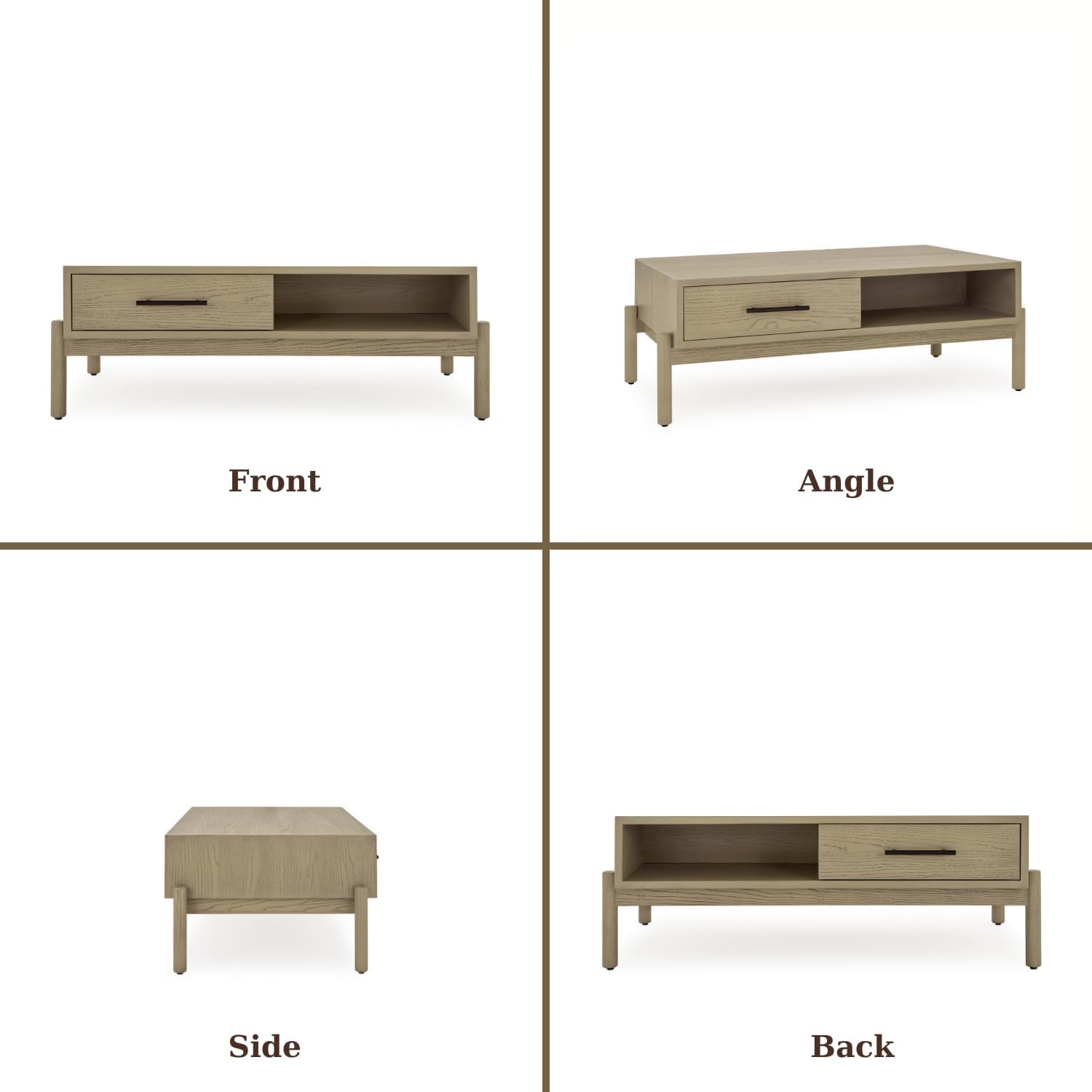 Solid Wood Rectangle Coffee Table for Living Room - Mid Century Modern Center Table with Storage