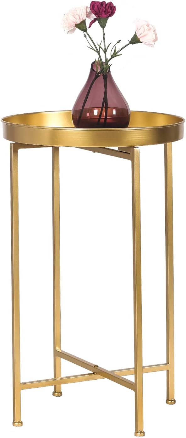 Round End Table Metal Folding Side Table Small Bedside Table Nightstand with Removable Tray Top