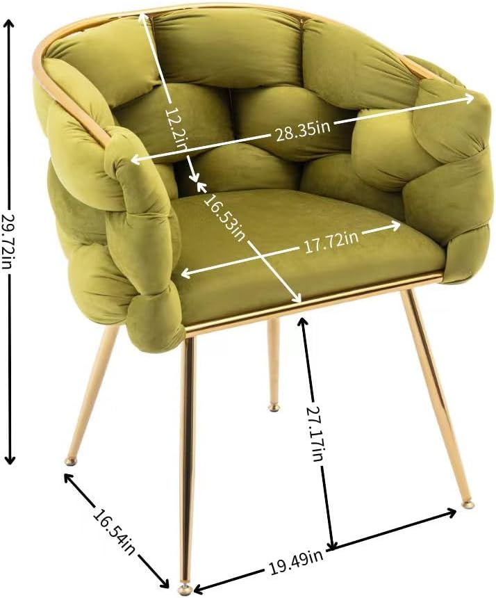 Modern Velvet Dining Chairs Set of 2, Hand Weaving Upholstered Vanity Chairs with Gold Metal Legs, Leisure Single Sofa Armchairs, Comfy Accent Chairs for Living Room (Olive Green)