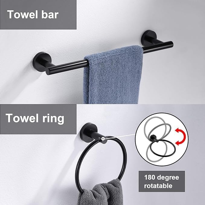 10Pieces Matte Black Bathroom Hardware Accessories Set Hand Towel Ring 16 inch Towel Bar Toilet Paper Holder Towel Hooks 4 Pieces Round SUS 304 Stainless Steel Heavy Duty Wall Mounted Bathroom Holder