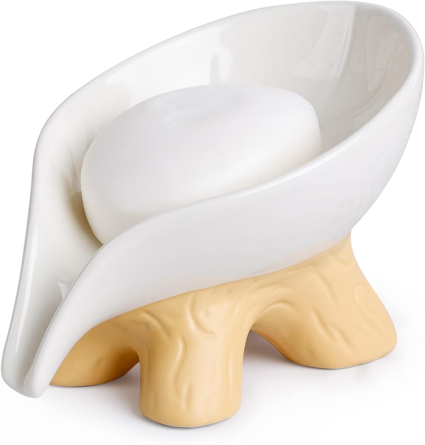 Soap Holder Self Draining Leaf Shape Soap Dishes, Ceramic Draining Soap Dish for Bathroom Shower, White Farmhouse Soap Holder with Stump