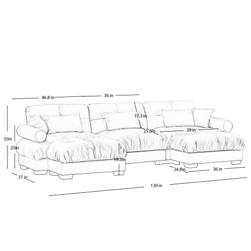 JPJPUU U Shape Modular Sectional Sofa Couch with Two Movable Ottomans, Modern 3 Seat Corner Sofa With Waist Pillows