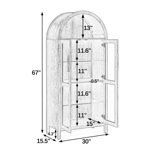 JPJPUU A high arched storage cabinet with a lamp, a modern retro-style wooden storage cabinet with adjustable glass partitions, suitable for use as a multi-functional cabinet in kitchens-Brown