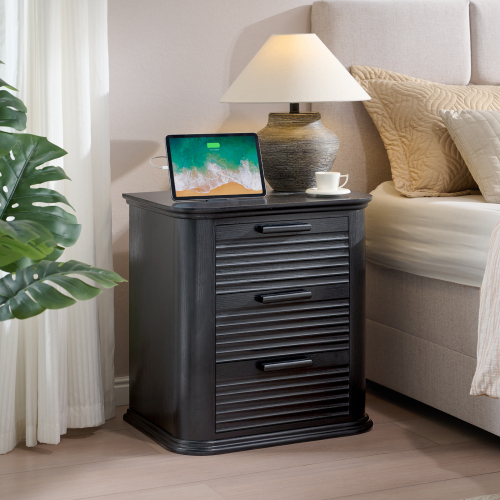 JPJPUU 22" Wide Fluted Nightstand with Charging Station, Modern End Table for Living Room, Bedroom, Home Office, Wood 3 Drawer Dresser, Large Bedside Tables, Curved Profile Design