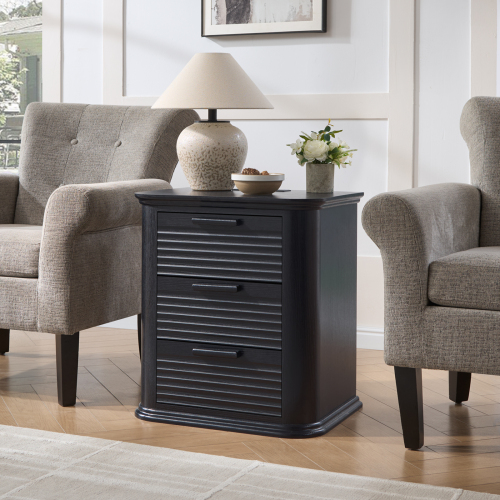 JPJPUU 22" Wide Fluted Nightstand with Charging Station, Modern End Table for Living Room, Bedroom, Home Office, Wood 3 Drawer Dresser, Large Bedside Tables, Curved Profile Design