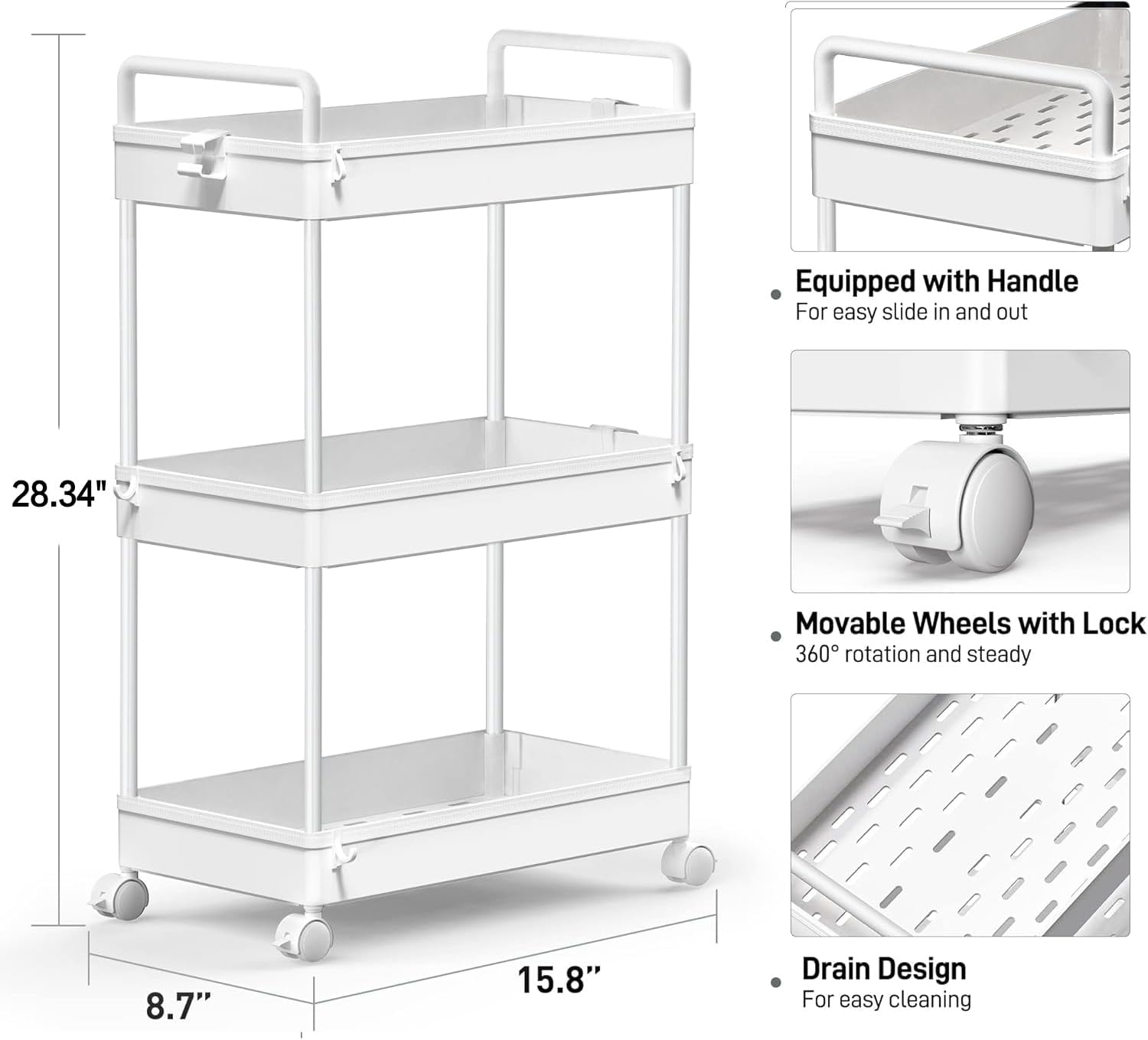 Rolling Storage Cart, 3 Tier Utility Cart Mobile Slide Out Organizer, Bathroom Standing Rack Shelving Unit