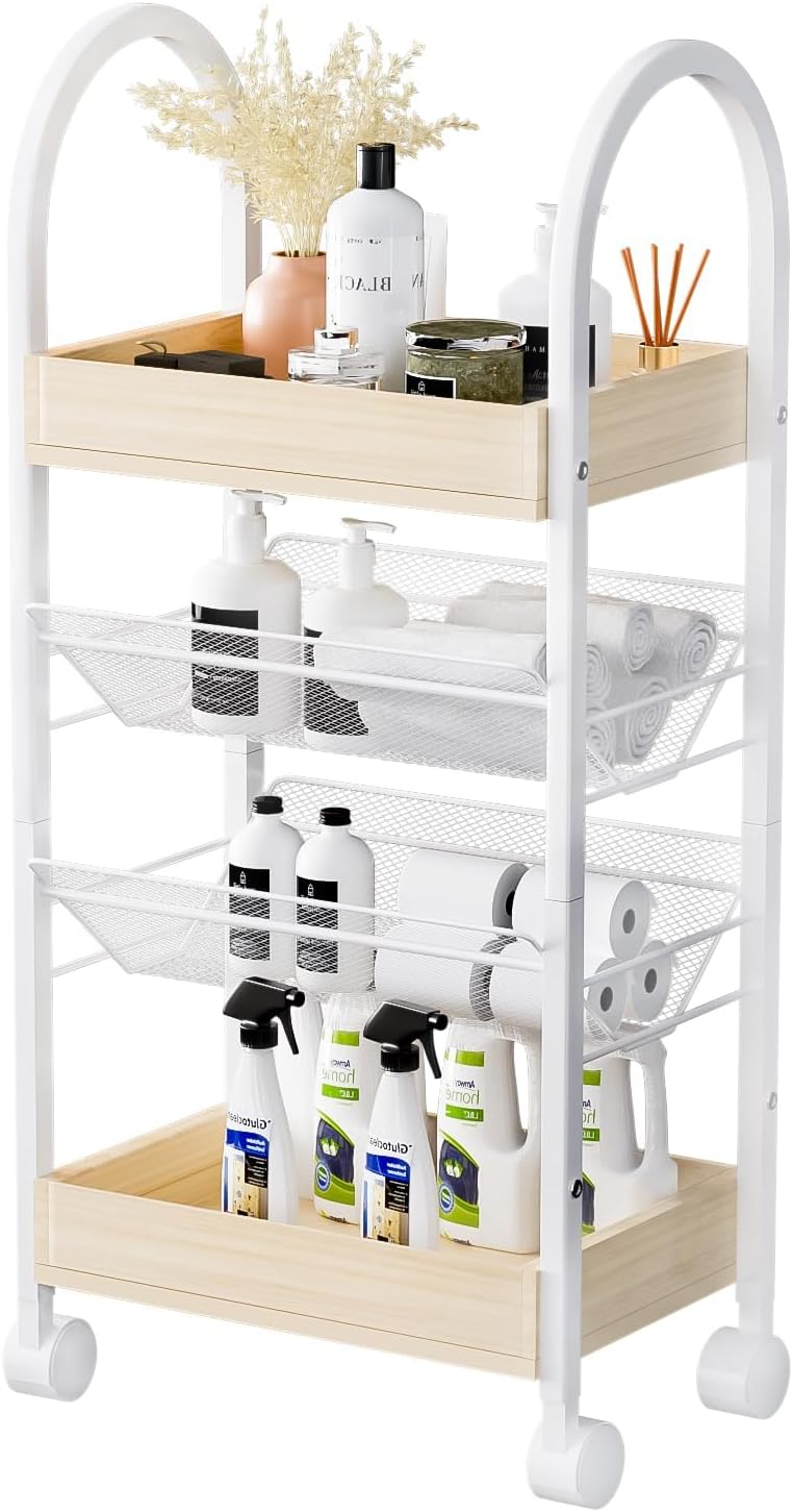 Small Bathroom Storage Cart Organizer - 4-Tier Narrow Rolling Cart Organizer with Wheels,2 Metal Basket,2 Wooden Tray