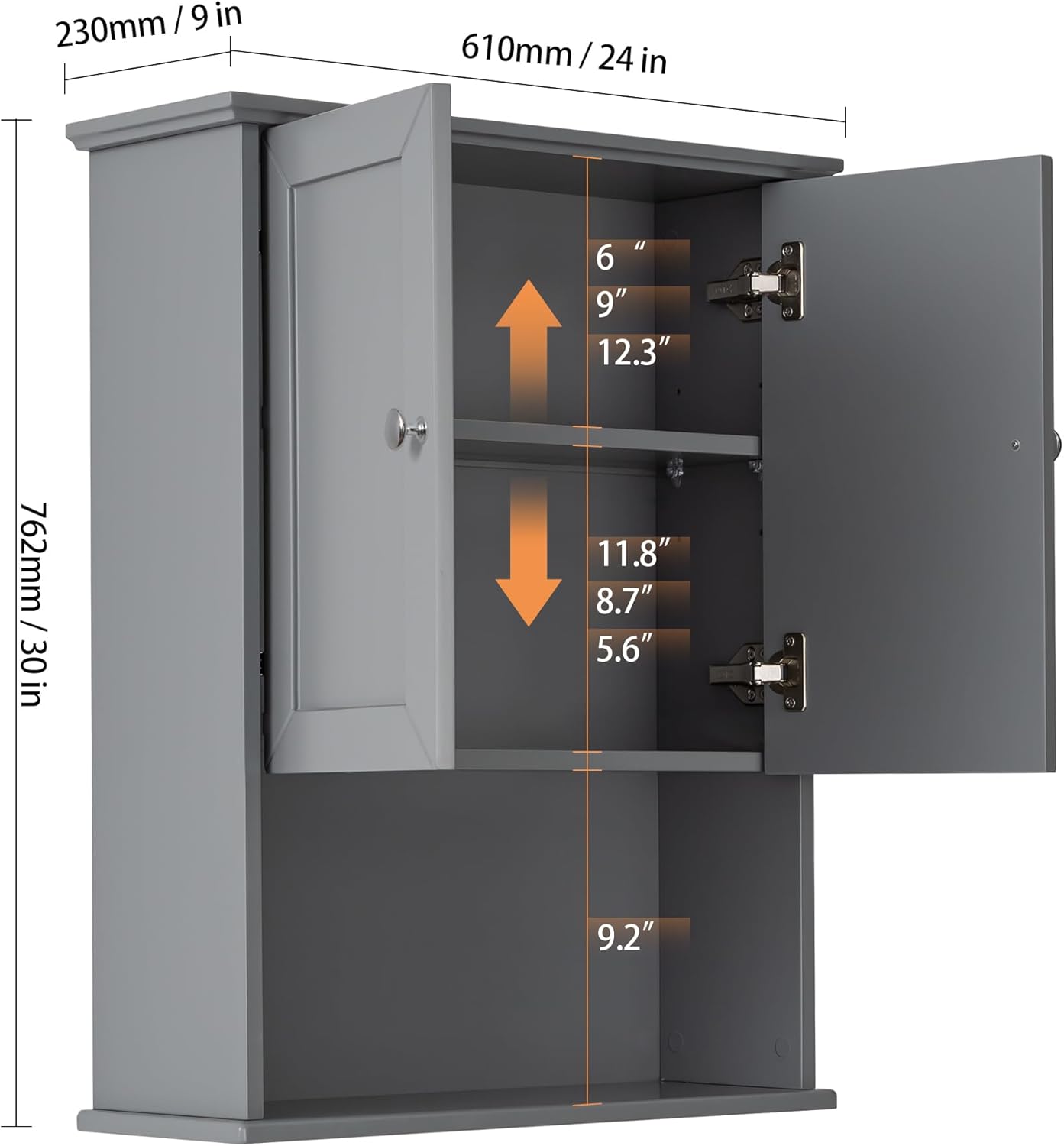 Grey Wall Mounted Bathroom Cabinet 24x30 Inch Wooden Over Toilet Storage Cabinet with 2 Doors
